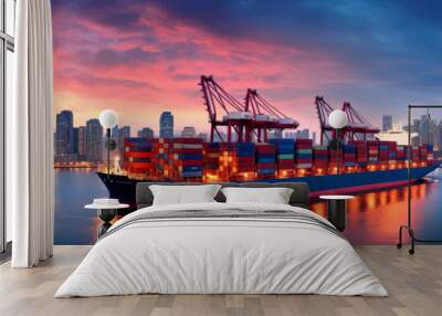 container ship entering a major port at dusk, with the city skyline in the background, symbolizing the urban integration of trade hubs. Wall mural