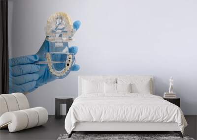 Dental technician holding a dental jaw model on a white backgro Wall mural