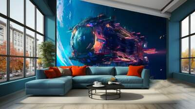 futuristic space station orbiting around a planet with a beautiful, colorful nebula in the background Generative AI Wall mural