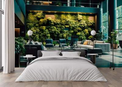 Modern office lobby with sleek furniture, a living green wall, and natural light. Wall mural