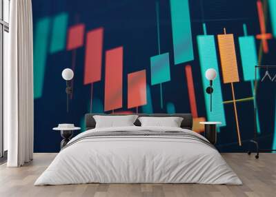 Technical price graph and indicator, red and green candlestick chart on blue theme screen, market volatility, up and down trend. Stock trading, crypto currency background. Wall mural