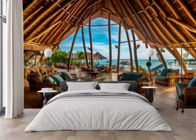 Tropical resort lobby with a thatched roof, wooden beams, and views of the ocean. Wall mural