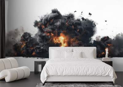 Bomb explosion with fire flames and black smoke on isolated on transparent background Wall mural