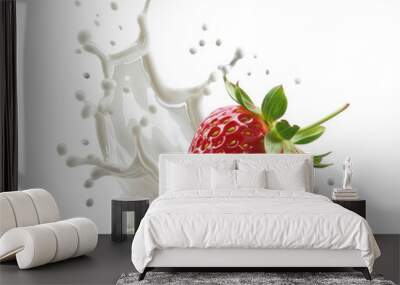 Milk splashing around red strawberry. 
 Wall mural