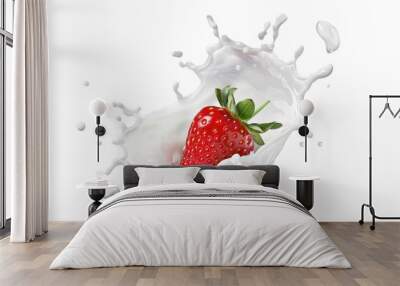 Milk splashing around red strawberry. 
 Wall mural