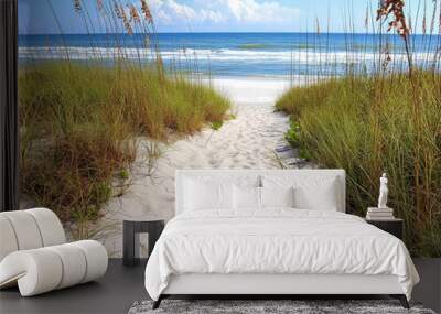 A beach with a path leading to the water. The path is lined with tall grass and the ocean is in the background Wall mural