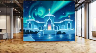 A beautiful blue building with a large archway and a cross on top. The building is surrounded by water and has a glowing light on top Wall mural