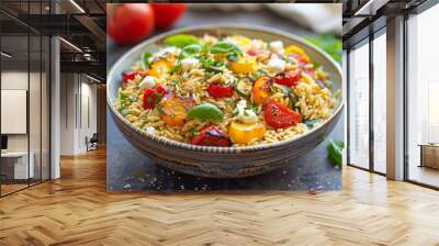 A bowl of pasta with vegetables and cheese. The vegetables are red and yellow Wall mural