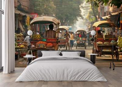 A busy street with a cart full of fruit and vegetables. The cart is in the middle of the street and is surrounded by other carts Wall mural