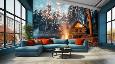 A cabin with a fire burning in front of it. The fire is surrounded by sparks and smoke. The cabin is in a forest with trees in the background Wall mural