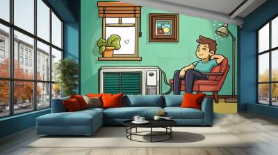 A cartoon drawing of a man sitting in a chair next to a window with a picture of a house on the wall. The man is smiling and he is relaxed. The room is decorated with a potted plant and a lamp Wall mural