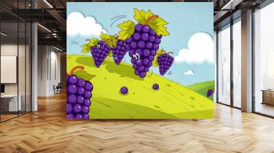 A cartoon of grapes with faces on them are running up a hill. Scene is lighthearted and playful Wall mural