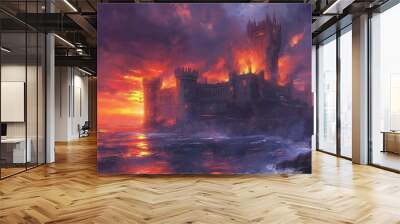 A castle is on fire and the sky is orange. Scene is dark and ominous Wall mural