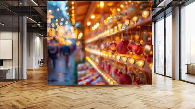 A Christmas display with many red and gold ornaments. The lights are on and the display is very bright Wall mural