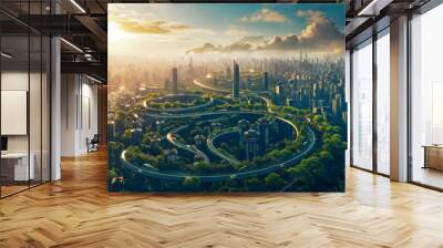 A city with a lot of buildings and a lot of trees. The trees are green and the sky is blue Wall mural