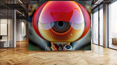 A close up of a red eye with a black dot in the center. The eye is surrounded by a pattern of dots Wall mural