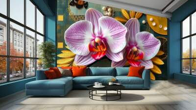 A close up of two pink and white orchids with gold leaf accents. The image has a warm and inviting mood, with the gold leaf accents adding a touch of luxury and elegance Wall mural