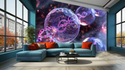 A cluster of DNA strands are shown in a blue and purple color. The strands are connected to each other and appear to be floating in space. Concept of mystery and wonder Wall mural