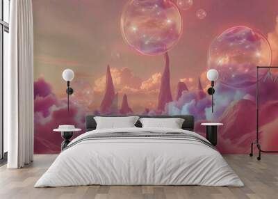 A colorful, abstract painting of a pink and purple sky with three large spheres floating in it. The mood of the painting is whimsical and playful, with the bright colors Wall mural