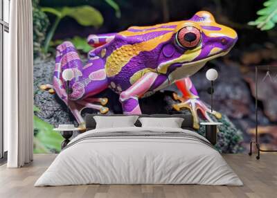 A colorful frog with red eyes sits on a rock. The frog is multicolored, with purple, orange, and yellow spots. The frog appears to be resting on the rock Wall mural