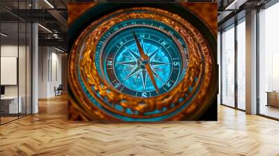 A compass with a blue face and gold frame. The compass is pointing to the north. The blue color of the compass gives it a unique and interesting appearance Wall mural