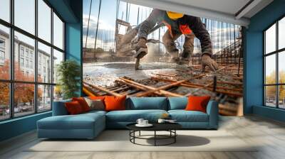 A construction worker is laying down concrete on a building site. The worker is wearing a yellow helmet and orange safety vest. Concept of hard work and dedication to the job Wall mural