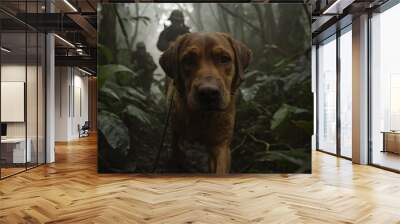 A dog leads the way through a misty, dense forest with two soldiers following closely behind, highlighting themes of exploration, teamwork, and perseverance Wall mural