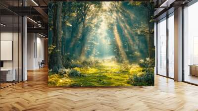 A forest with sunlight shining through the trees. The sunlight is casting a warm glow on the grass and leaves. The scene is peaceful and serene, with the sunlight creating a sense of calm Wall mural