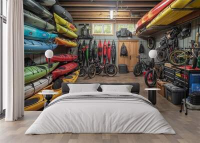 A garage with many kayaks and bikes. Scene is that of a storage space for outdoor gear Wall mural