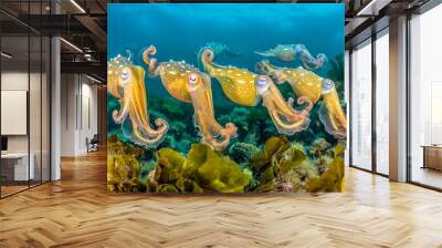 A group of octopi are swimming in the ocean. The octopi are all different sizes and colors Wall mural