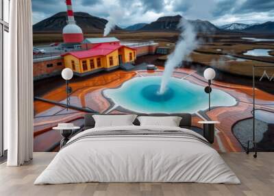 A hot spring with steam rising from it. The steam is coming from a large, orange and red building Wall mural