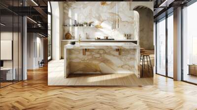 A kitchen with a marble countertop and a gold sink. The countertop is white and has a gold trim. There are two chairs in the room, one on the right side and one on the left side Wall mural