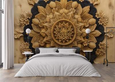 A large, ornate flower design is carved into a wooden panel. The intricate details and patterns of the flower suggest a sense of elegance and sophistication. The combination of gold Wall mural