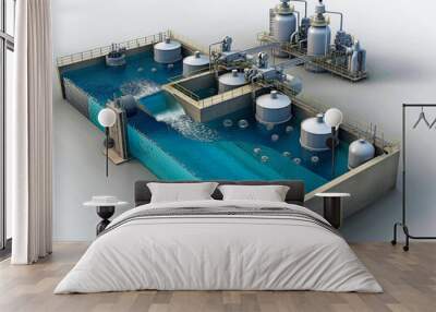 A large body of water with a wall of concrete and a series of tanks. The tanks are connected to a pipe system Wall mural