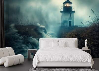 A lighthouse is in the foreground of a foggy, misty scene. The lighthouse is surrounded by tall grass and the water is choppy. The scene is dark and moody Wall mural