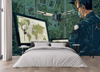 A man in a black jacket is sitting in front of a computer with a map of the world on the screen. He is wearing a mask and he is working on a project Wall mural