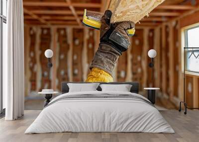 A man in a yellow jacket is holding a saw and wearing gloves. Concept of hard work and determination as the man prepares to cut through a piece of wood Wall mural