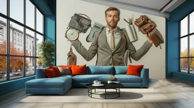 A man is holding a lot of things in his arms, including a watch, a briefcase, and a backpack. He looks like he is in a hurry and is trying to carry everything at once Wall mural