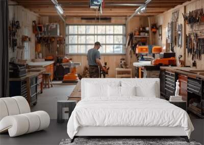 A man is working on a project at a woodworking shop. The shop is filled with tools and equipment, including a table with a power tool on it. The atmosphere is focused and productive Wall mural