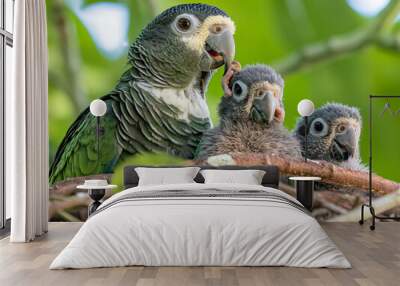 A mother parrot is sitting on a branch with her two babies. The babies are perched on the mother's back Wall mural