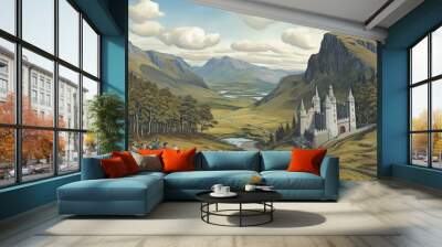 A painting of a castle and a valley with a group of people riding horses. The mood of the painting is peaceful and serene Wall mural