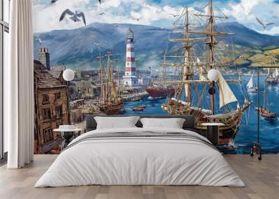 A painting of a harbor with a large ship and several smaller boats. The mood of the painting is peaceful and serene Wall mural