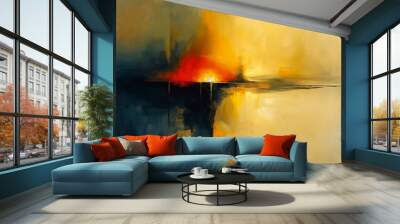 A painting of a sunset with a red sun and a blue sky. The painting is abstract and has a mood of calmness and serenity Wall mural