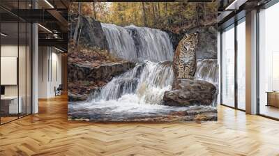 A painting of a waterfall with a brown cat sitting on a rock in front of it. The mood of the painting is peaceful and serene, as the cat seems to be enjoying the beauty of the waterfall Wall mural