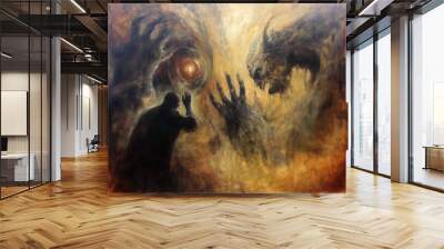 A painting of two hands reaching out to each other, one of which is covered in blood. The painting has a dark and ominous mood, with the two hands appearing to be in a battle Wall mural