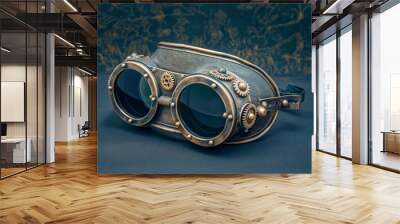 A pair of vintage goggles with gears and a black lens. The goggles are made of metal and have a vintage look to them Wall mural