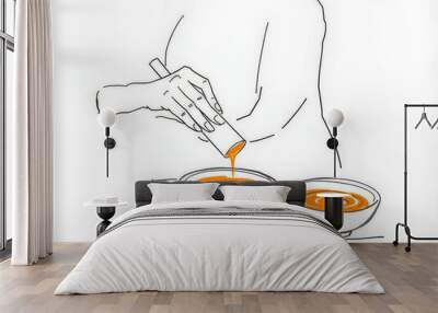 A person is pouring a liquid into two bowls. The bowls are placed on a table Wall mural