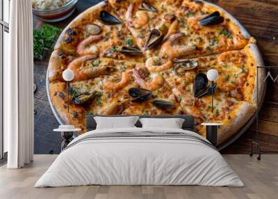 A pizza with shrimp and mussels on top. The crust is golden brown and the toppings are evenly distributed Wall mural