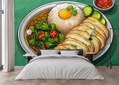 A plate of food with rice, chicken, and vegetables. The plate is on a green table Wall mural