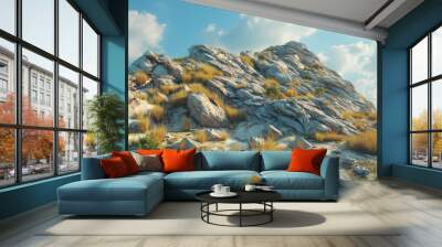 A rocky hillside with a few trees in the foreground. The sky is cloudy and the sun is shining through the clouds Wall mural